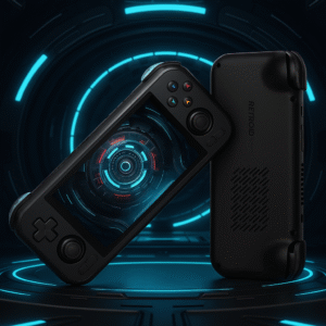A black handheld gaming console showcasing a vibrant screen with a futuristic interface, set against a glowing blue and black background.